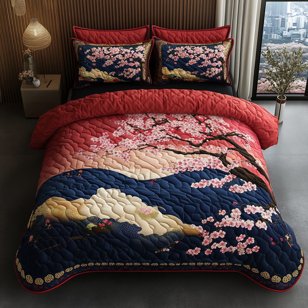 Japanese Style quilted 3-piece bedding set on a made bed with two matching pillow shams
