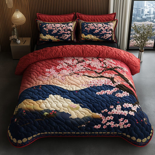 Japanese Style quilted 3-piece bedding set on a made bed with two matching pillow shams