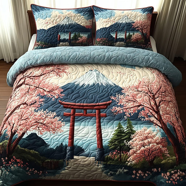 Japanese Torii Gate quilted 3-piece bedding set on a made bed with two matching pillow shams