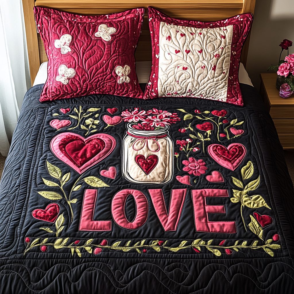 Jar of Love quilted 3-piece bedding set on a made bed with two matching pillow shams