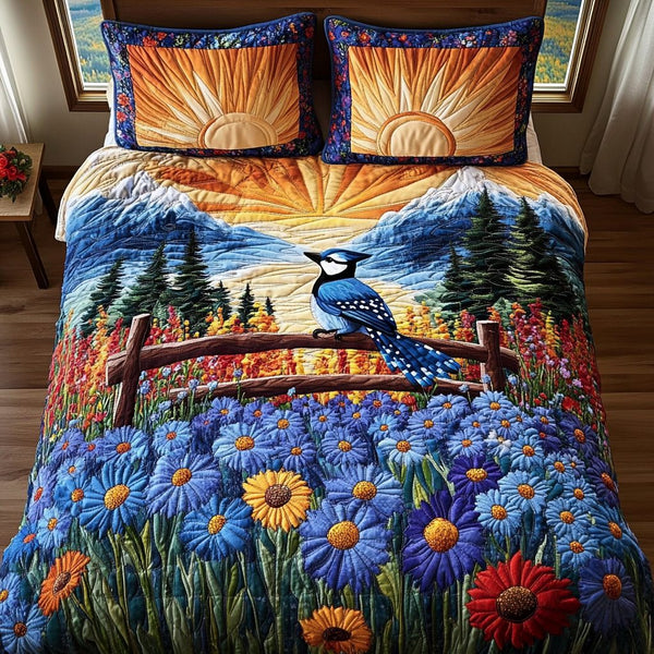 Jays Flight quilted 3-piece bedding set on a made bed with two matching pillow shams