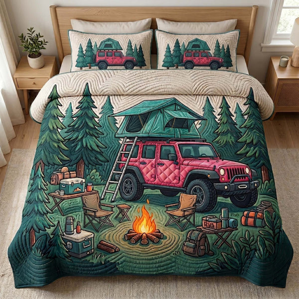Jeep Trail quilted 3-piece bedding set on a made bed with two matching pillow shams