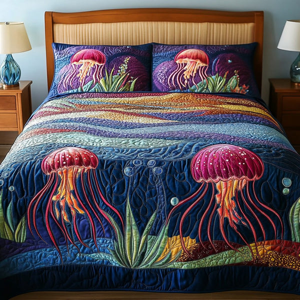 Jelly Art quilted 3-piece bedding set on a made bed with two matching pillow shams
