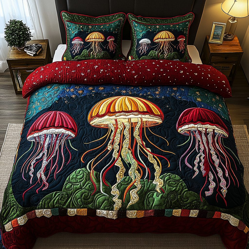 Jelly Bliss quilted 3-piece bedding set on a made bed with two matching pillow shams