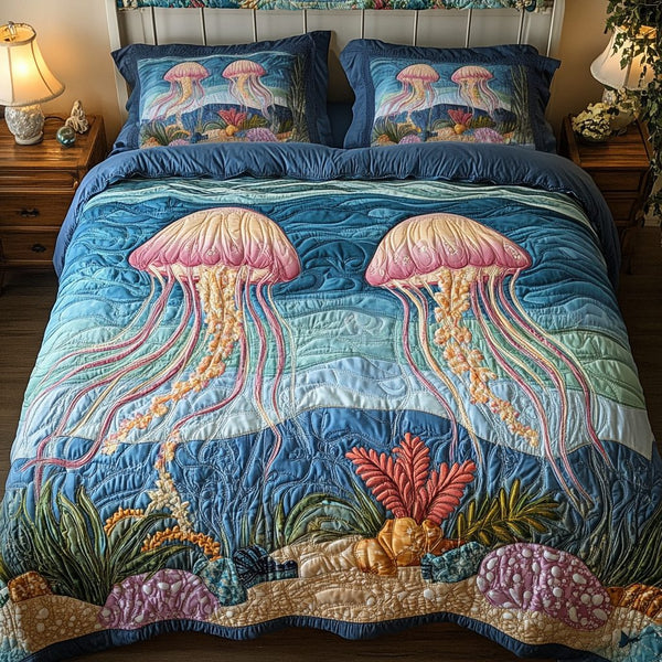 Jelly Delight quilted 3-piece bedding set on a made bed with two matching pillow shams