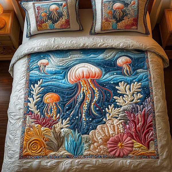 Jellyfish Dance quilted 3-piece bedding set on a made bed with two matching pillow shams