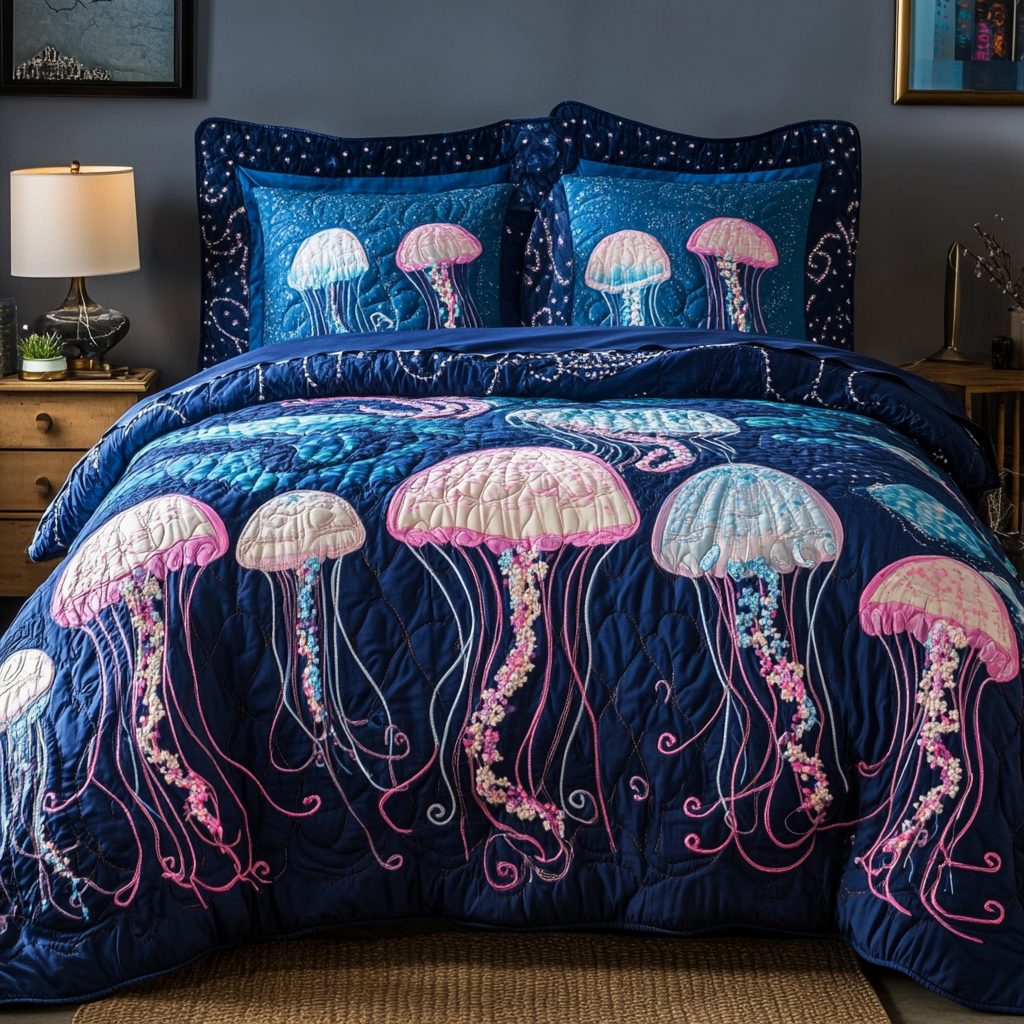 Jellyfish Dream quilted 3-piece bedding set on a made bed with two matching pillow shams