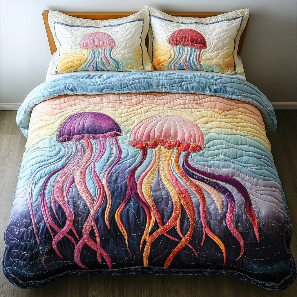 Jellyfish Dreams quilted 3-piece bedding set on a made bed with two matching pillow shams