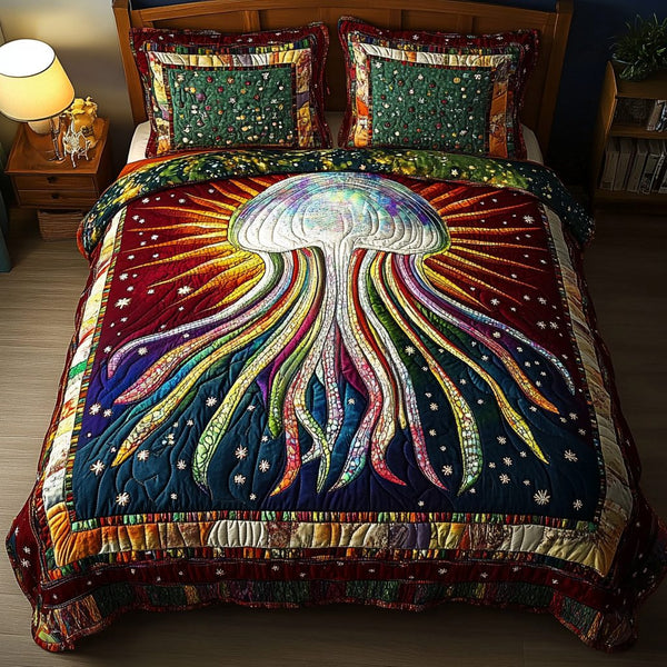 Jellyfish Whisper quilted 3-piece bedding set on a made bed with two matching pillow shams