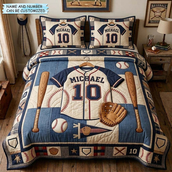 Jersey Pro 3-Piece Quilted Bedding Set quilted 3-piece bedding set on a made bed with two matching pillow shams