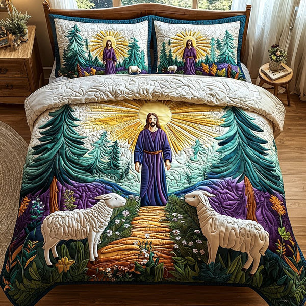 Jesus Among Forest quilted 3-piece bedding set on a made bed in a softly lit bedroom