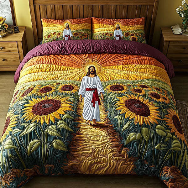 Jesus Among the Sunflowers quilted 3-piece bedding set on a made bed in a softly lit bedroom