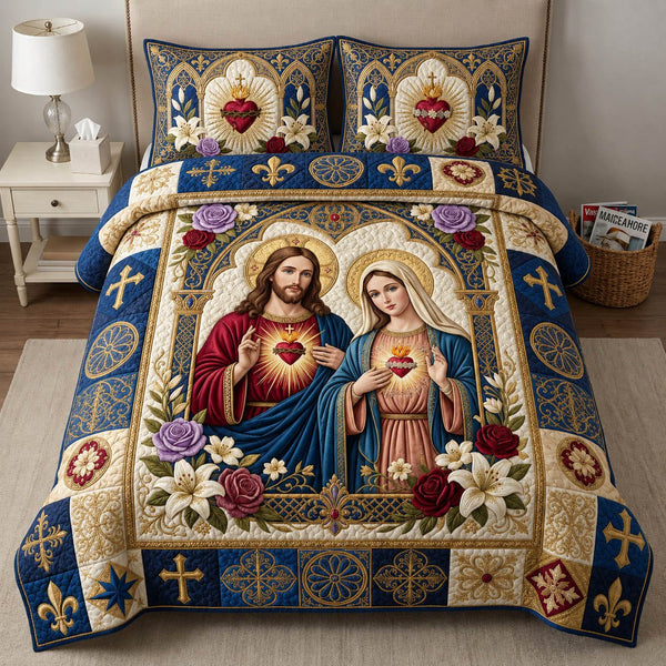 Jesus And Mary Sacred Heart quilted 3-piece bedding set on a made bed in a softly lit bedroom