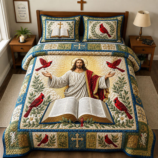 Jesus Bible Cardinal Faith quilted 3-piece bedding set on a made bed in a softly lit bedroom
