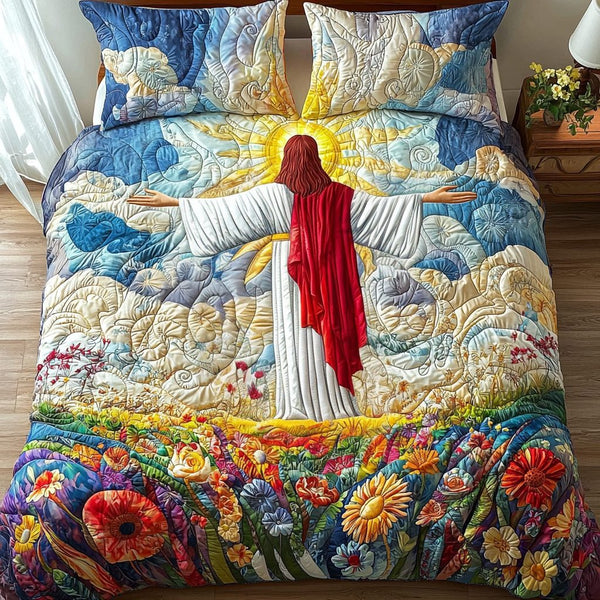 Jesus Blessing All quilted 3-piece bedding set on a made bed in a softly lit bedroom