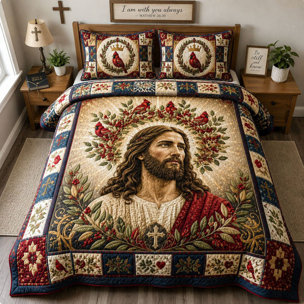 Jesus Cardinal Blessing quilted 3-piece bedding set on a made bed in a softly lit bedroom