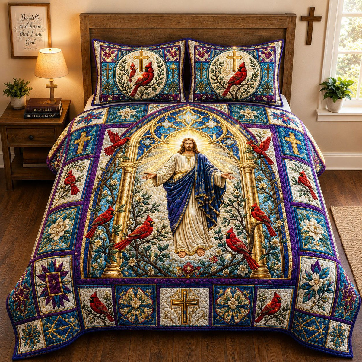 Jesus Cardinal Cathedral quilted 3-piece bedding set on a made bed in a softly lit bedroom