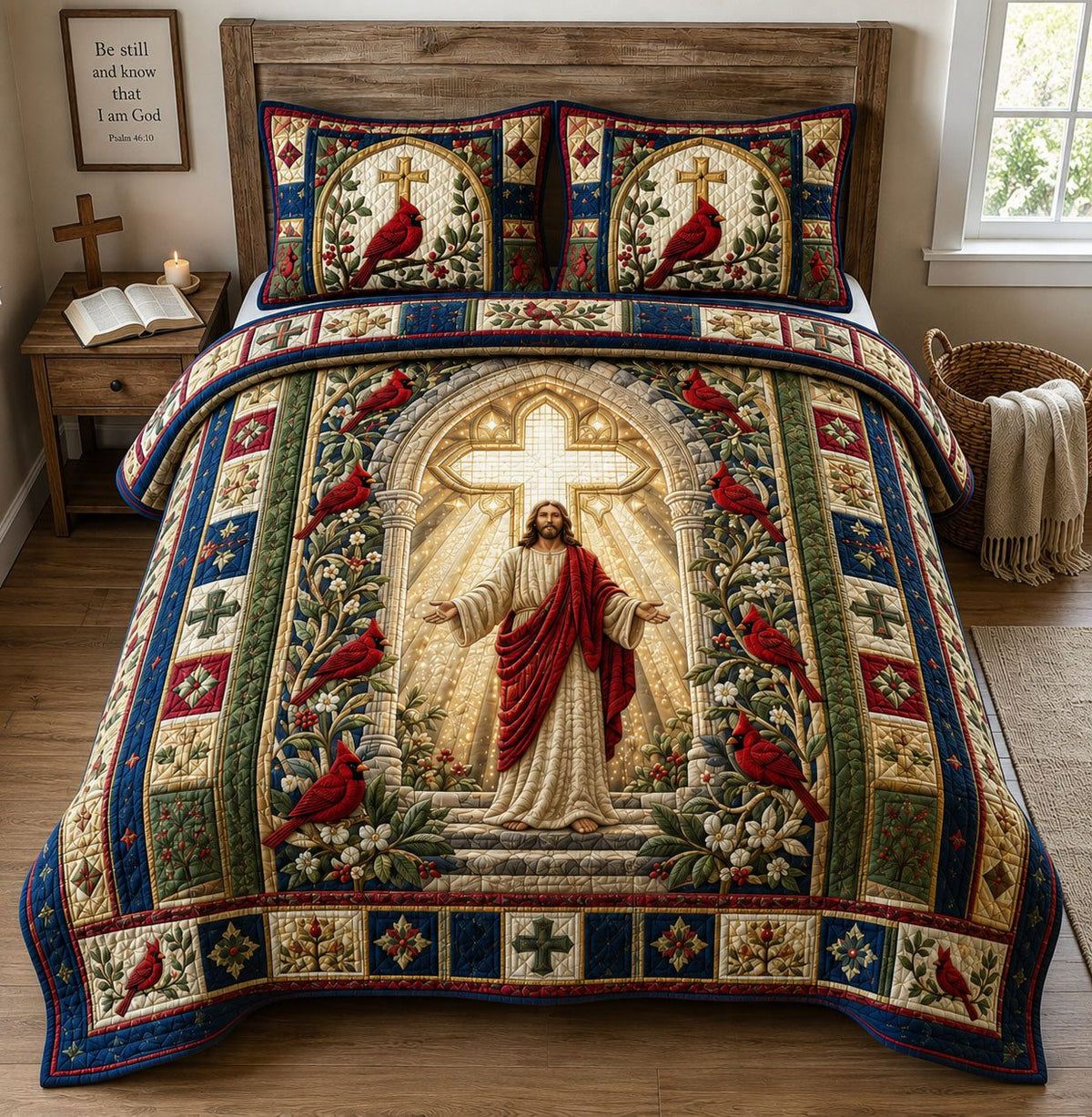 Jesus Cardinal Cathedral quilted 3-piece bedding set on a made bed in a softly lit bedroom