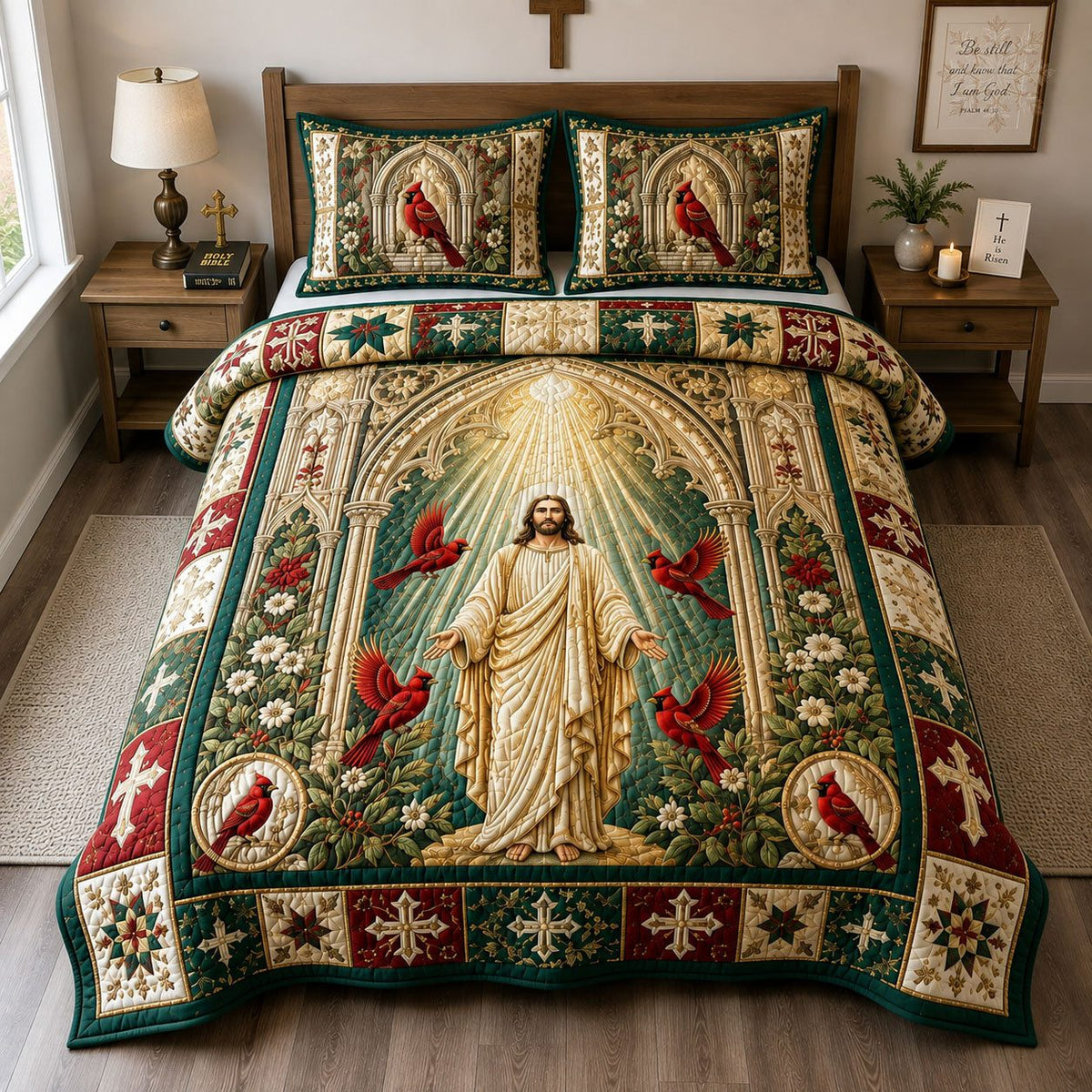 Jesus Cardinal Divine Light quilted 3-piece bedding set on a made bed in a softly lit bedroom