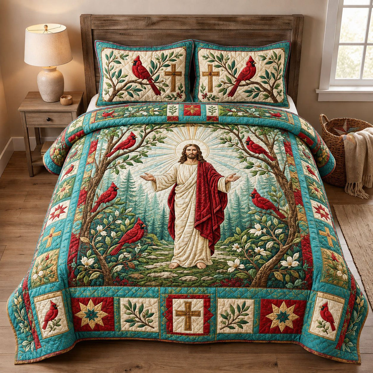 Jesus Cardinal Garden quilted 3-piece bedding set on a made bed in a softly lit bedroom