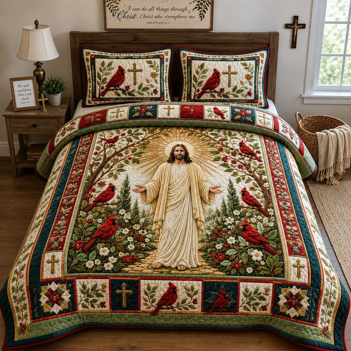 Jesus Cardinal Garden quilted 3-piece bedding set on a made bed in a softly lit bedroom