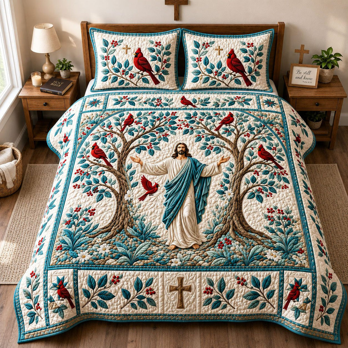 Jesus Cardinal Tree of Life quilted 3-piece bedding set on a made bed in a softly lit bedroom
