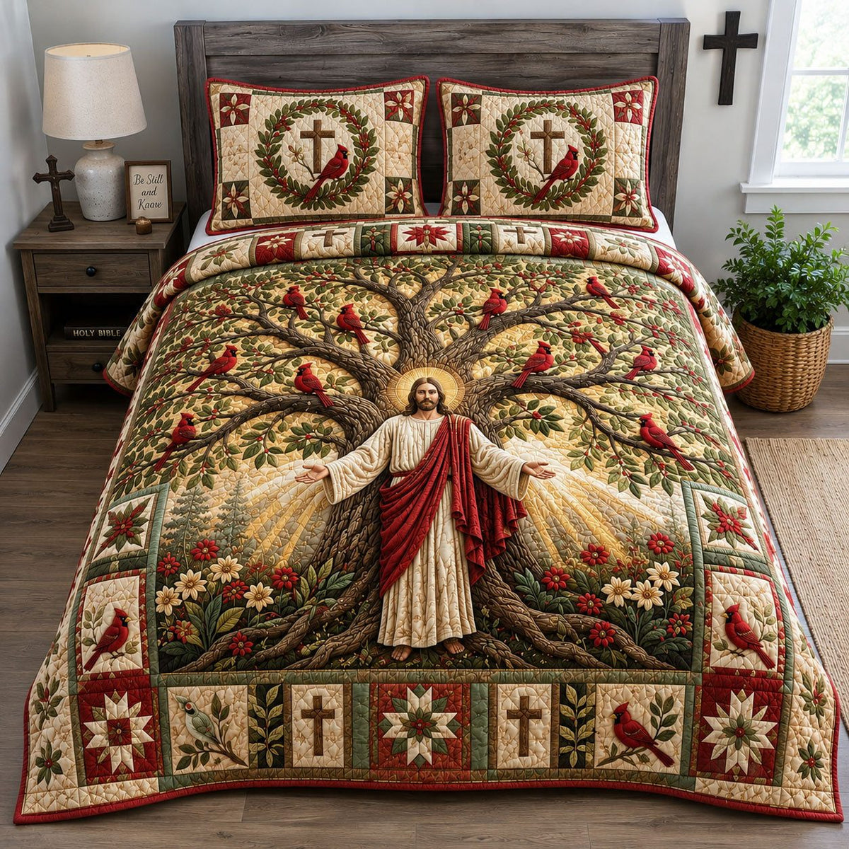 Jesus Cardinal Tree of Life quilted 3-piece bedding set on a made bed in a softly lit bedroom