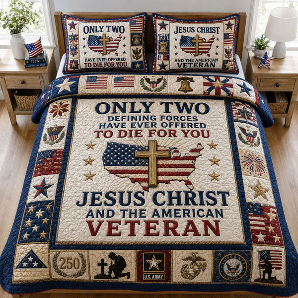 Jesus Christ and Veteran quilted 3-piece bedding set on a made bed in a warmly lit bedroom