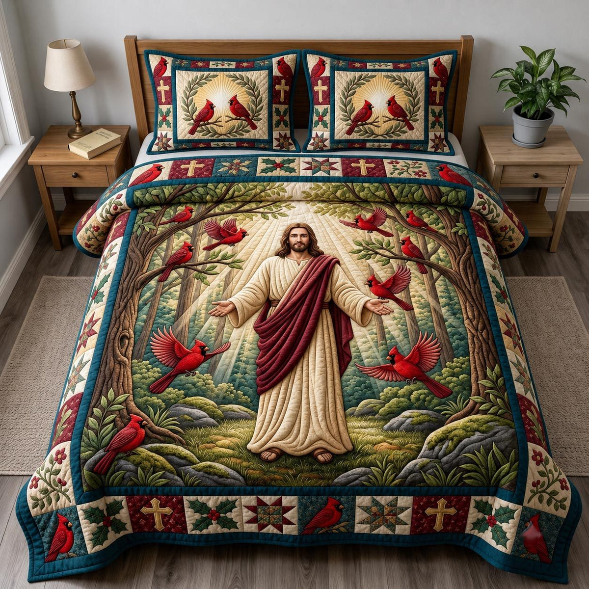 Jesus Christ quilted 3-piece bedding set on a made bed in a softly lit bedroom