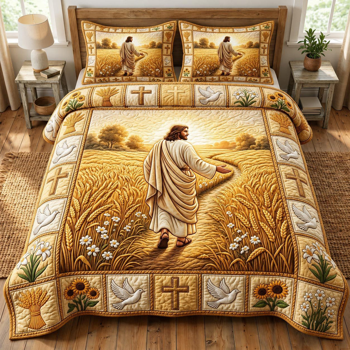 Jesus Christ quilted 3-piece bedding set on a made bed in a softly lit bedroom
