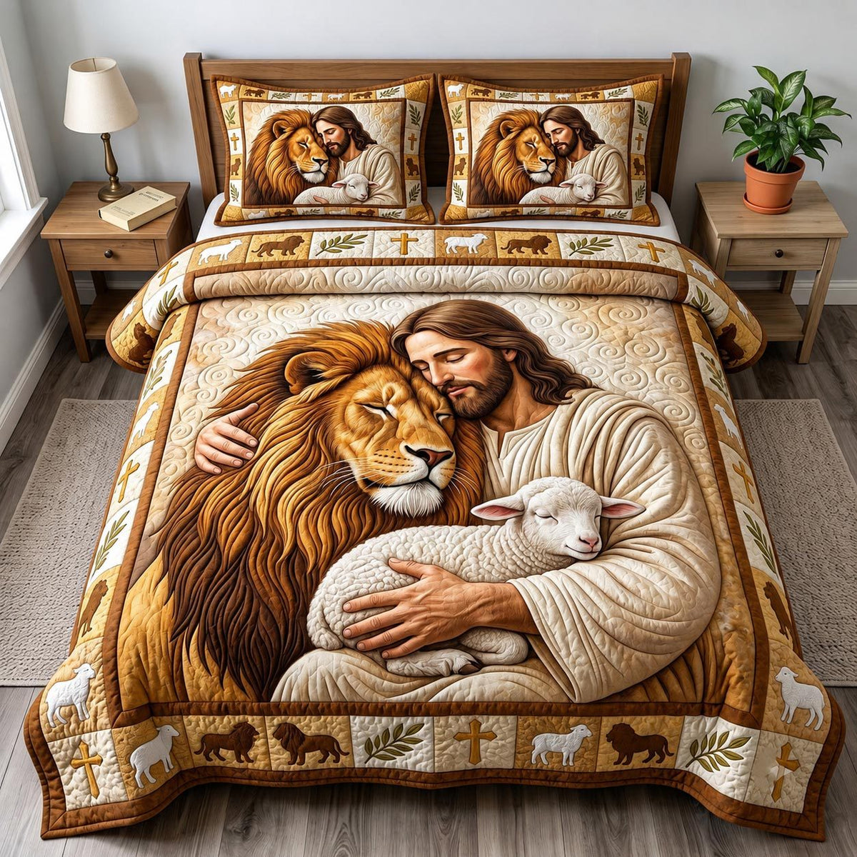 Jesus Christ quilted 3-piece bedding set on a made bed in a softly lit bedroom