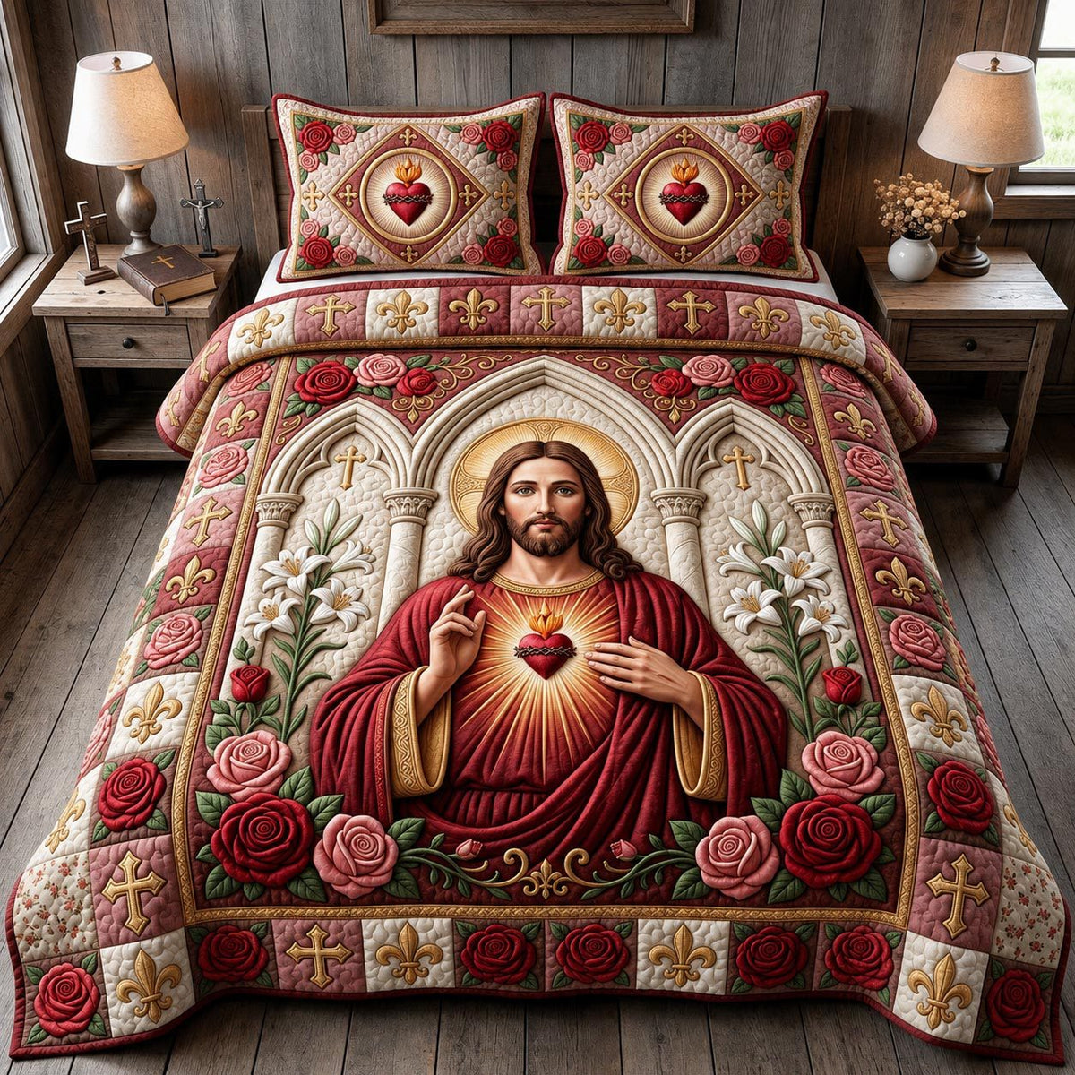 Jesus Christ quilted 3-piece bedding set on a made bed in a softly lit bedroom