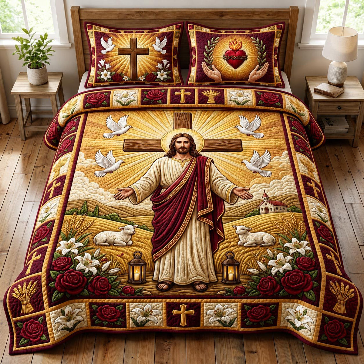 Jesus Christ quilted 3-piece bedding set on a made bed in a softly lit bedroom