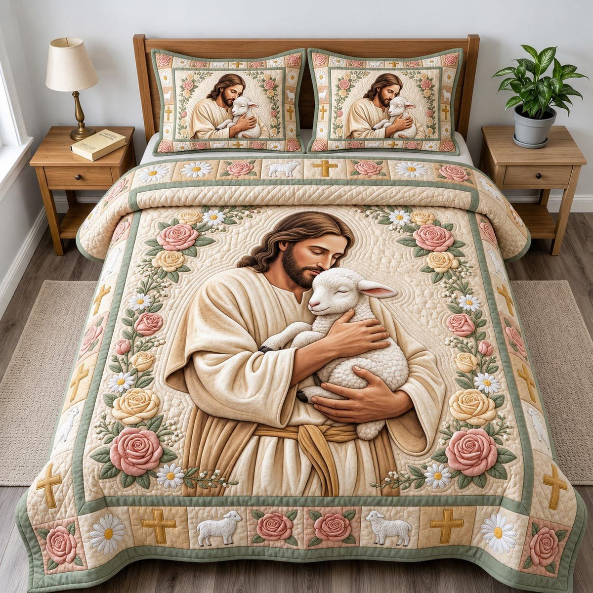 Jesus Christ quilted 3-piece bedding set on a made bed in a softly lit bedroom