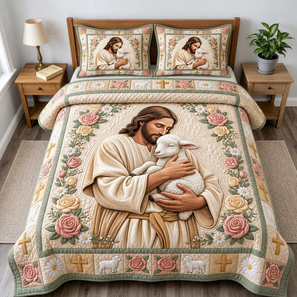 Jesus Christ quilted 3-piece bedding set on a made bed in a softly lit bedroom