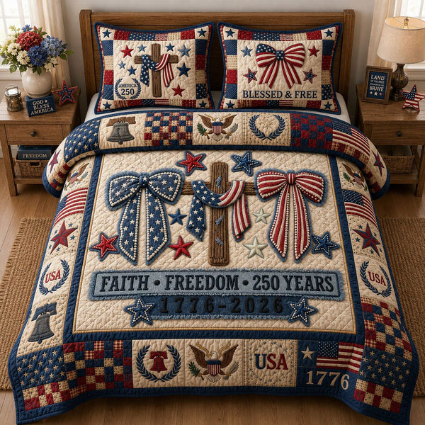 Jesus Christian America Coquette Bow quilted 3-piece bedding set on a made bed in a warmly lit bedroom