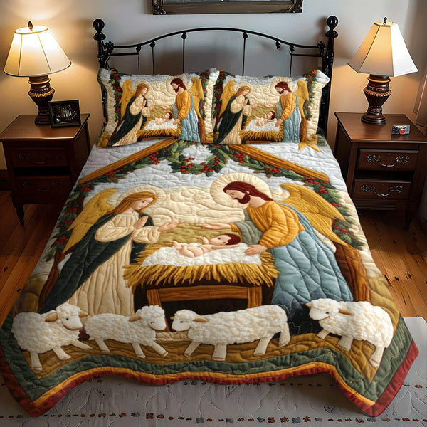 Jesus Christmas quilted 3-piece bedding set on a made bed in a winter-styled bedroom