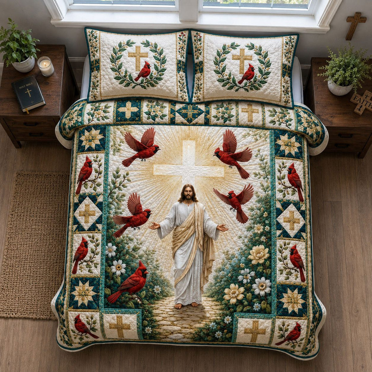 Jesus Cross Cardinal Garden quilted 3-piece bedding set on a made bed in a softly lit bedroom