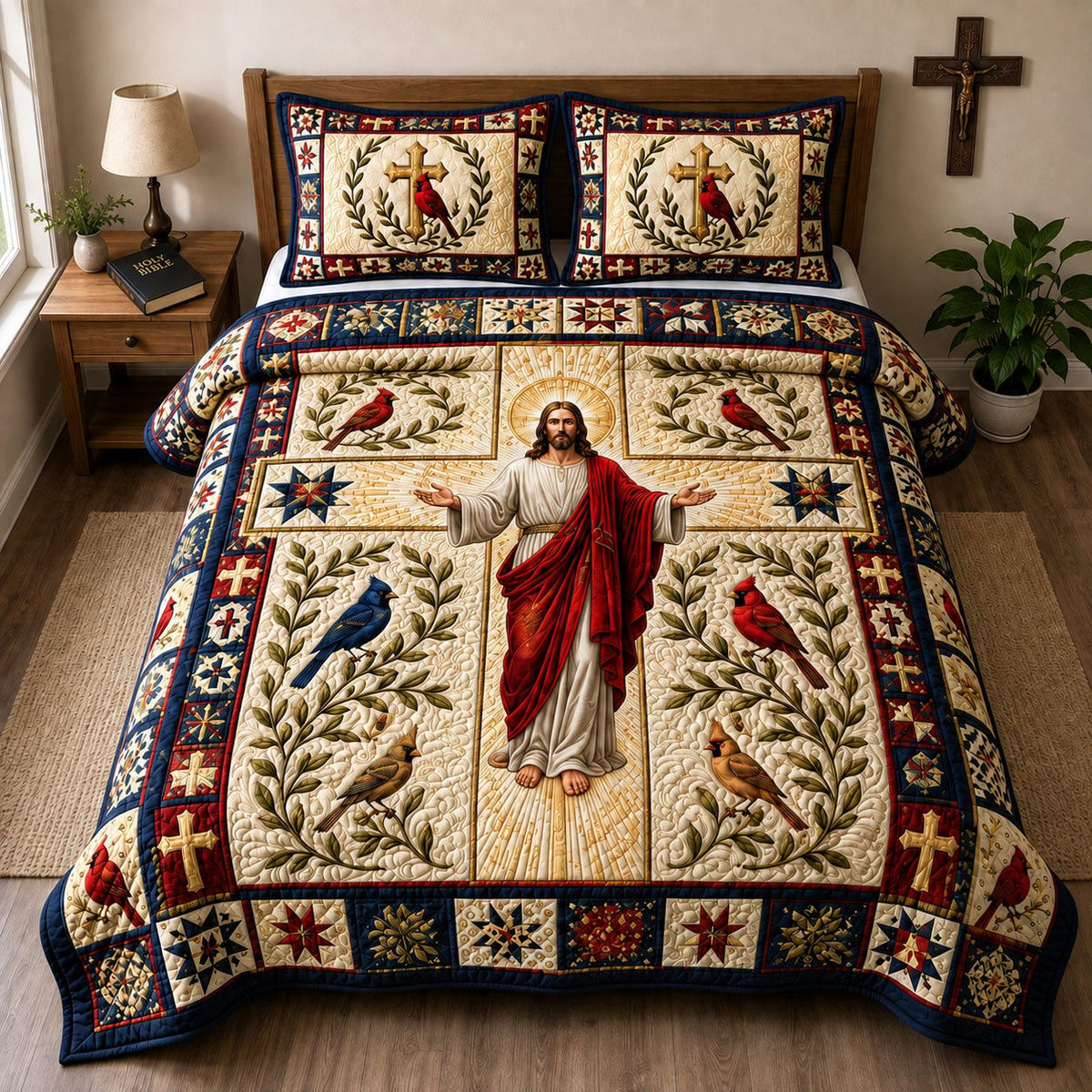 Jesus Cross Cardinal quilted 3-piece bedding set on a made bed in a softly lit bedroom