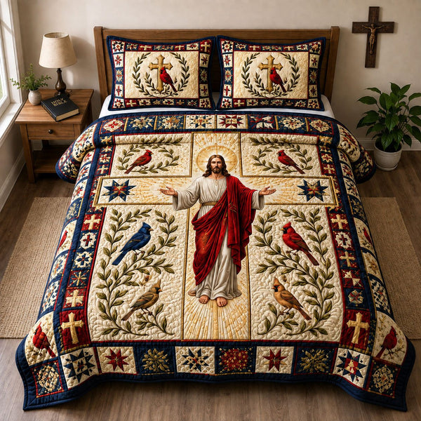 Jesus Cross Cardinal quilted 3-piece bedding set on a made bed in a softly lit bedroom