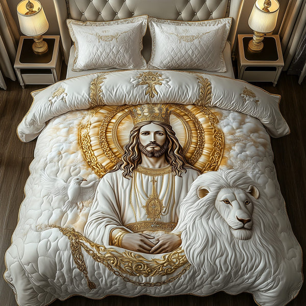 Jesus Eternal Glory quilted 3-piece bedding set on a made bed in a softly lit bedroom