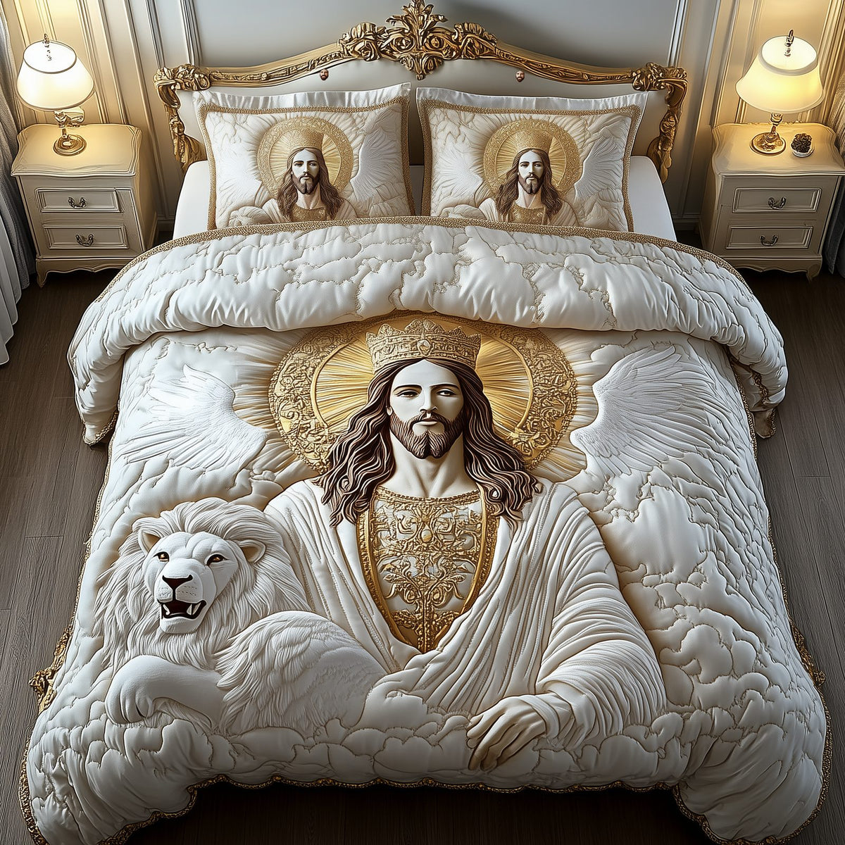 Jesus Eternal Glory quilted 3-piece bedding set on a made bed in a softly lit bedroom