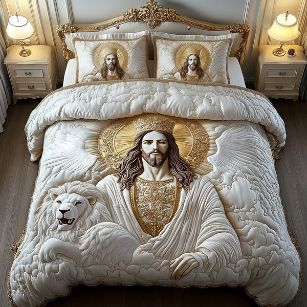 Jesus Eternal Glory quilted 3-piece bedding set on a made bed in a softly lit bedroom