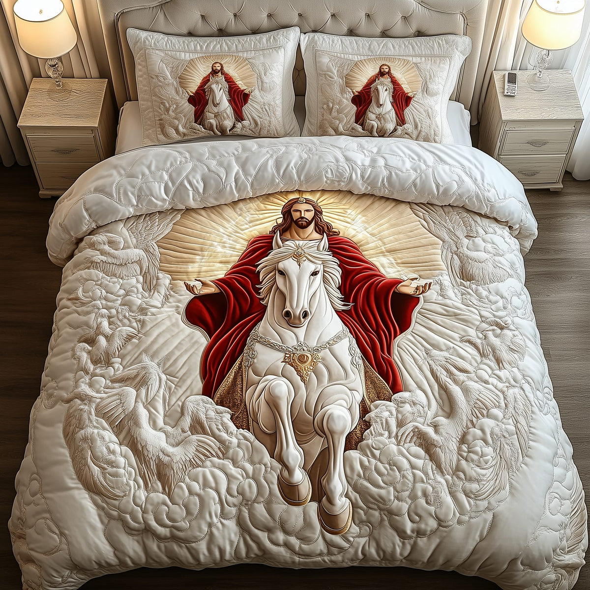 Jesus Eternal Glory quilted 3-piece bedding set on a made bed in a softly lit bedroom