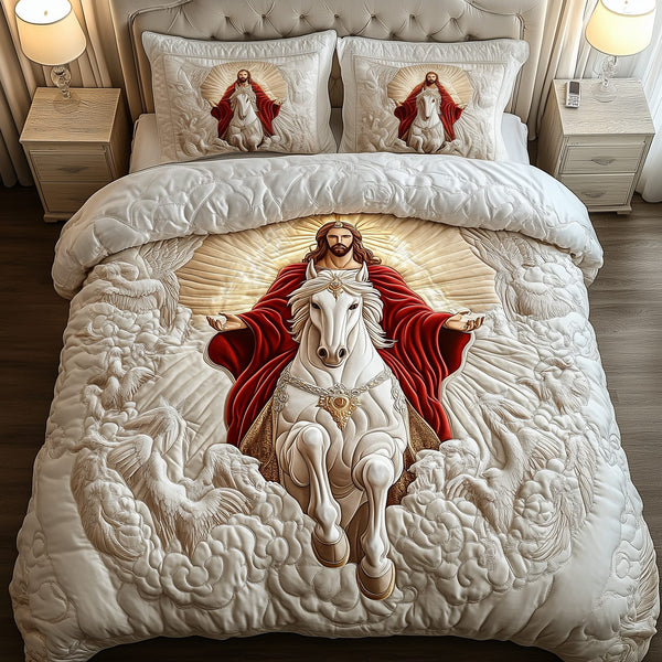 Jesus Eternal Glory quilted 3-piece bedding set on a made bed in a softly lit bedroom