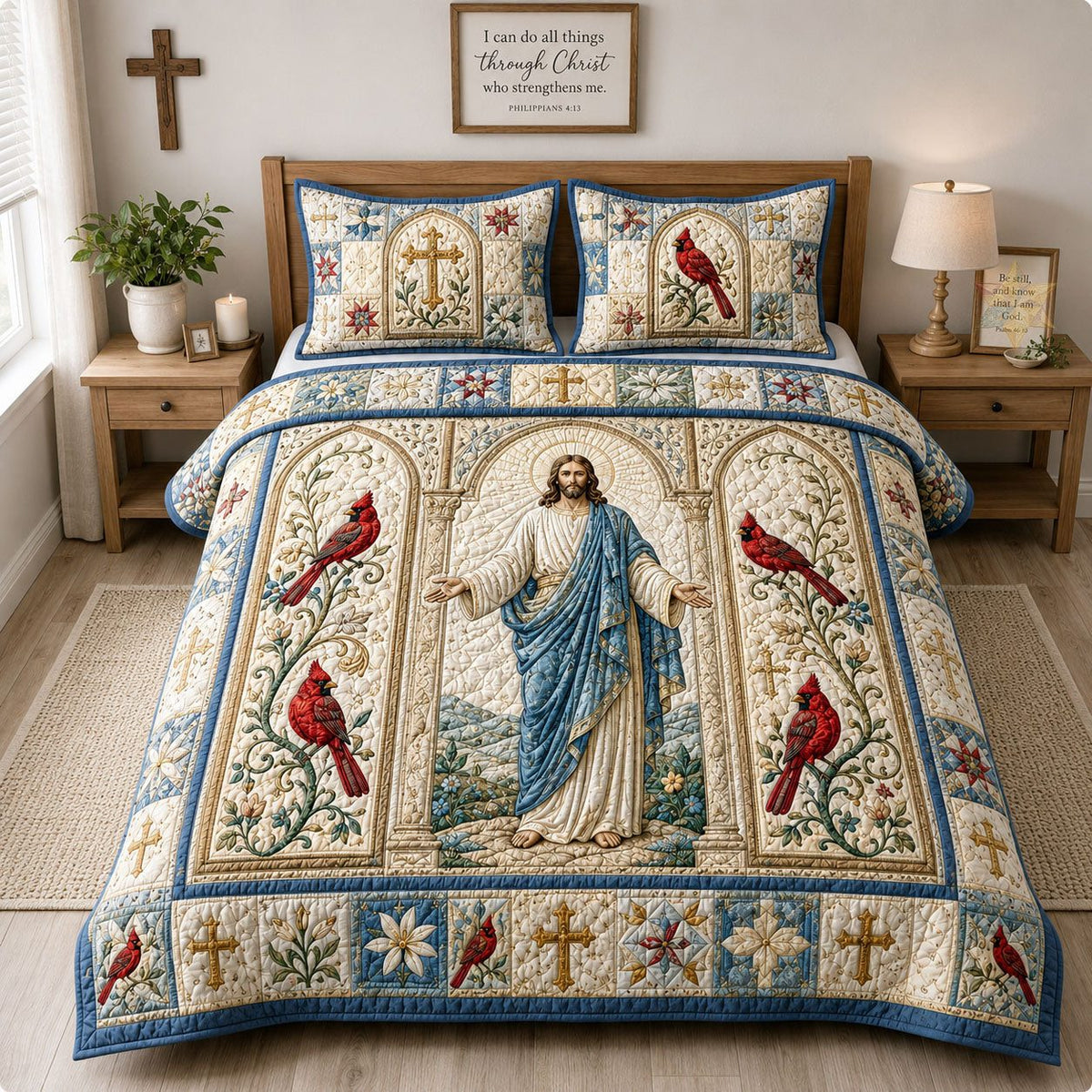 Jesus Faith Cardinal quilted 3-piece bedding set on a made bed in a softly lit bedroom