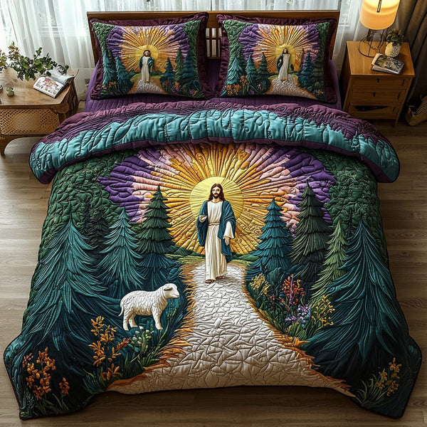 Jesus Found the Lost Sheep quilted 3-piece bedding set on a made bed in a softly lit bedroom