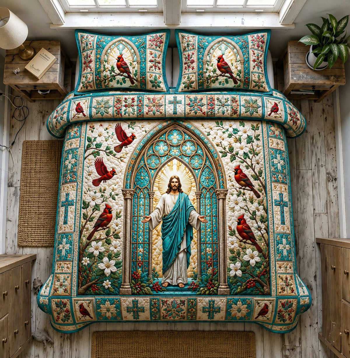 Jesus Garden Arch quilted 3-piece bedding set on a made bed in a softly lit bedroom