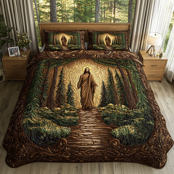 Jesus Guiding quilted 3-piece bedding set on a made bed in a softly lit bedroom
