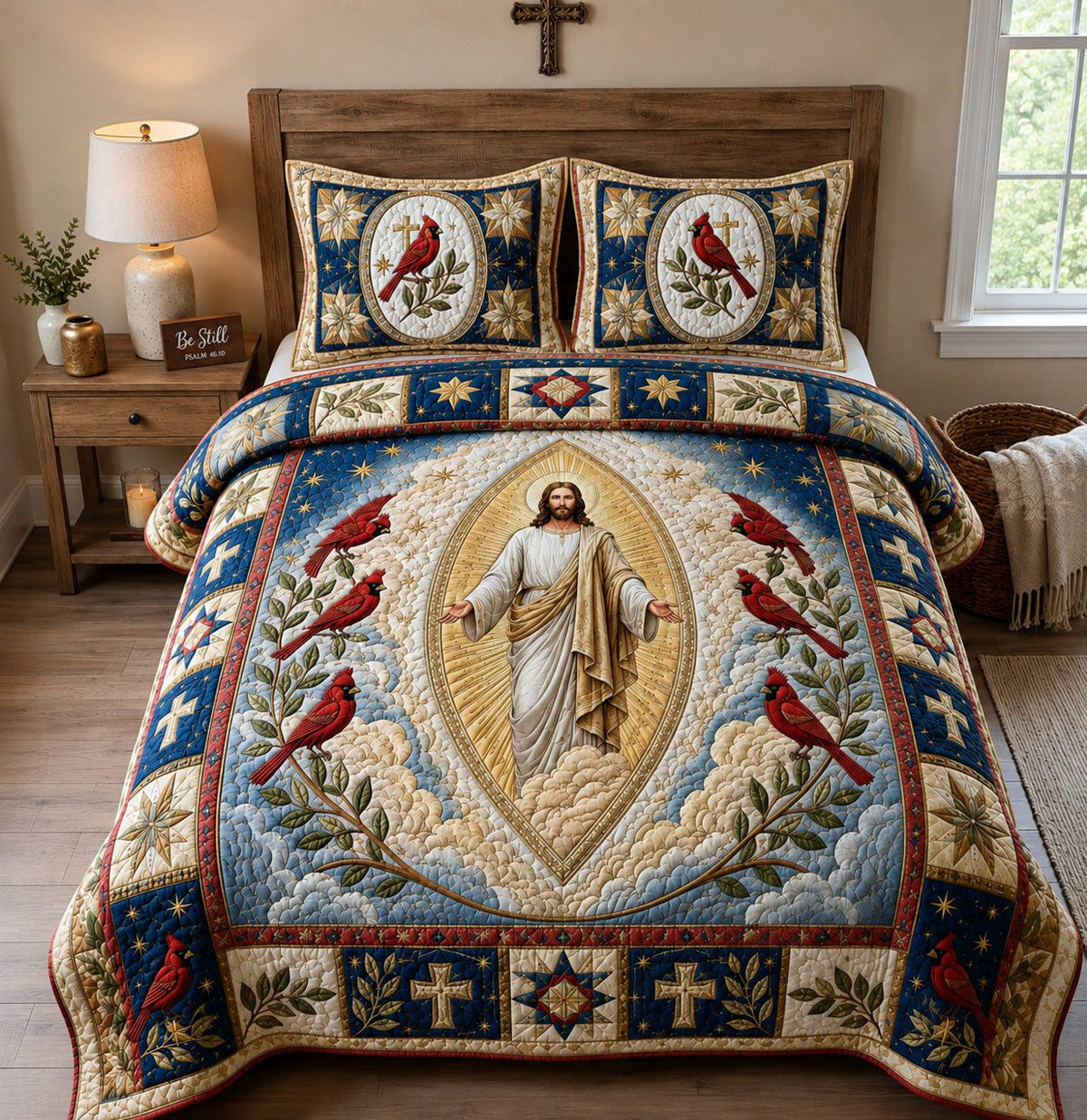 Jesus Heavenly Cardinal Grace quilted 3-piece bedding set on a made bed in a softly lit bedroom